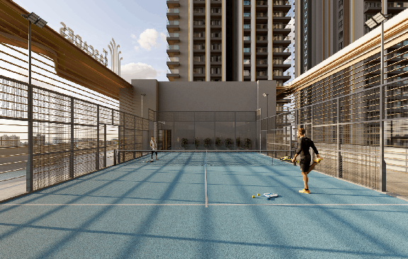 Outdoor badminton court and sports amenities at The Cascades Neopolis