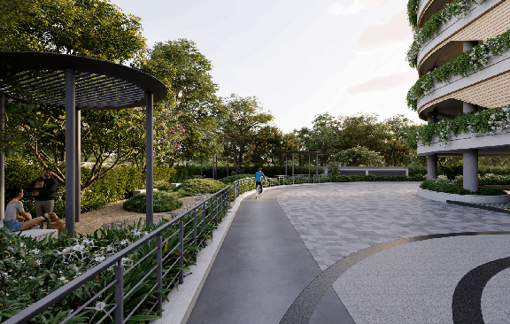 Cycling and parking area amenities in the landscaped zone at The Cascades Neopolis