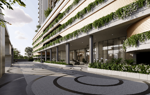 Lush green groundscape amenities at The Cascades Neopolis, Kokapet