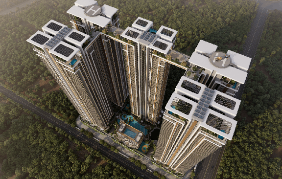Helipad and rooftop garden amenities at The Cascades Neopolis, Kokapet