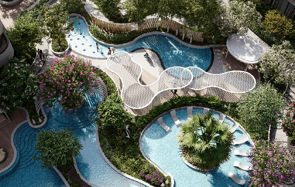 Kids' swimming pool amenities at podium level in The Cascades Neopolis, Kokapet