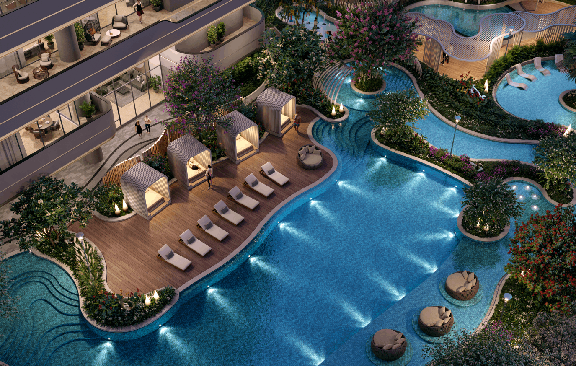 Adult lap pool and relaxation zone amenities at The Cascades Neopolis residential project