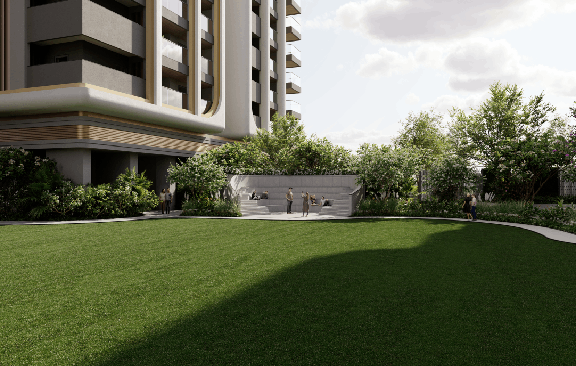 Podium-level lawn amenities with lush greenery at The Cascades Neopolis