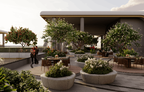 Rooftop dining and open-air sitting amenities at The Cascades Neopolis