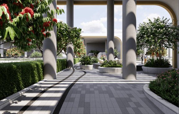 Decorative sky garden and walking area amenities at The Cascades Neopolis