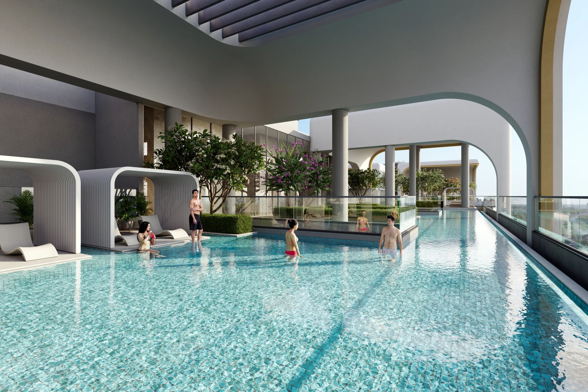 The rooftop infinity pool in the sky garden — artist’s impression