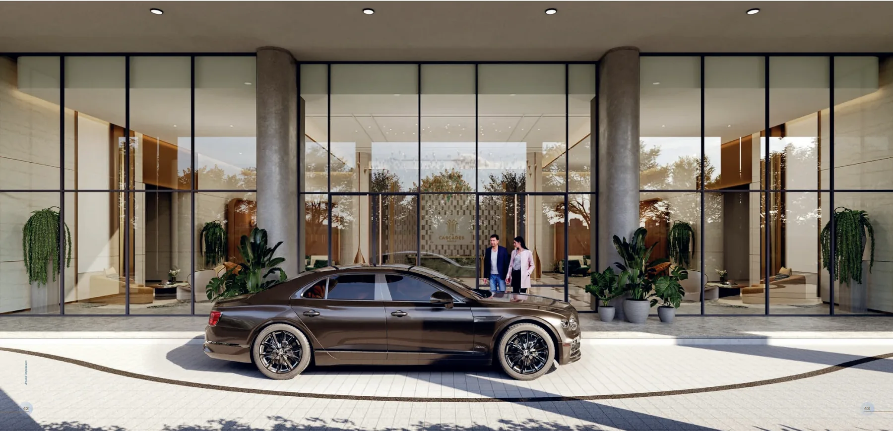 A car at the glass entrance of a grand lobby — artist&rsquo;s impression