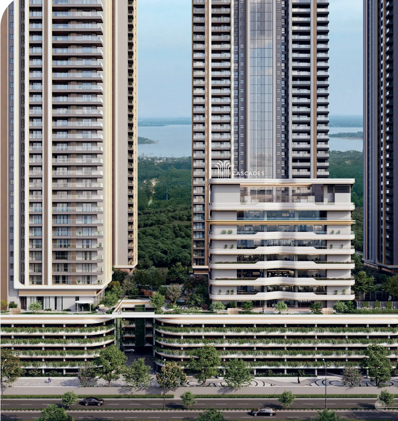 The towers and the clubhouse above the podium, the lake beyond — artist’s impression