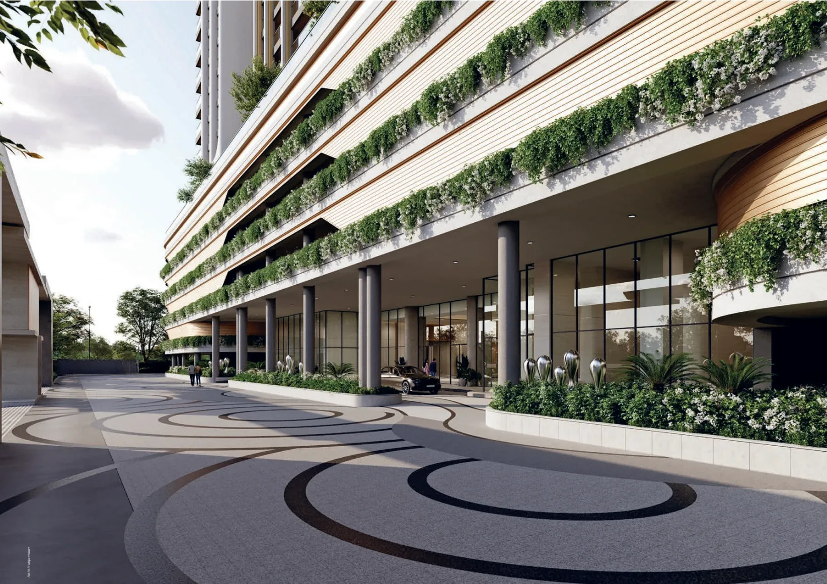 The ripple-patterned drive to the tower entrances — artist&rsquo;s impression