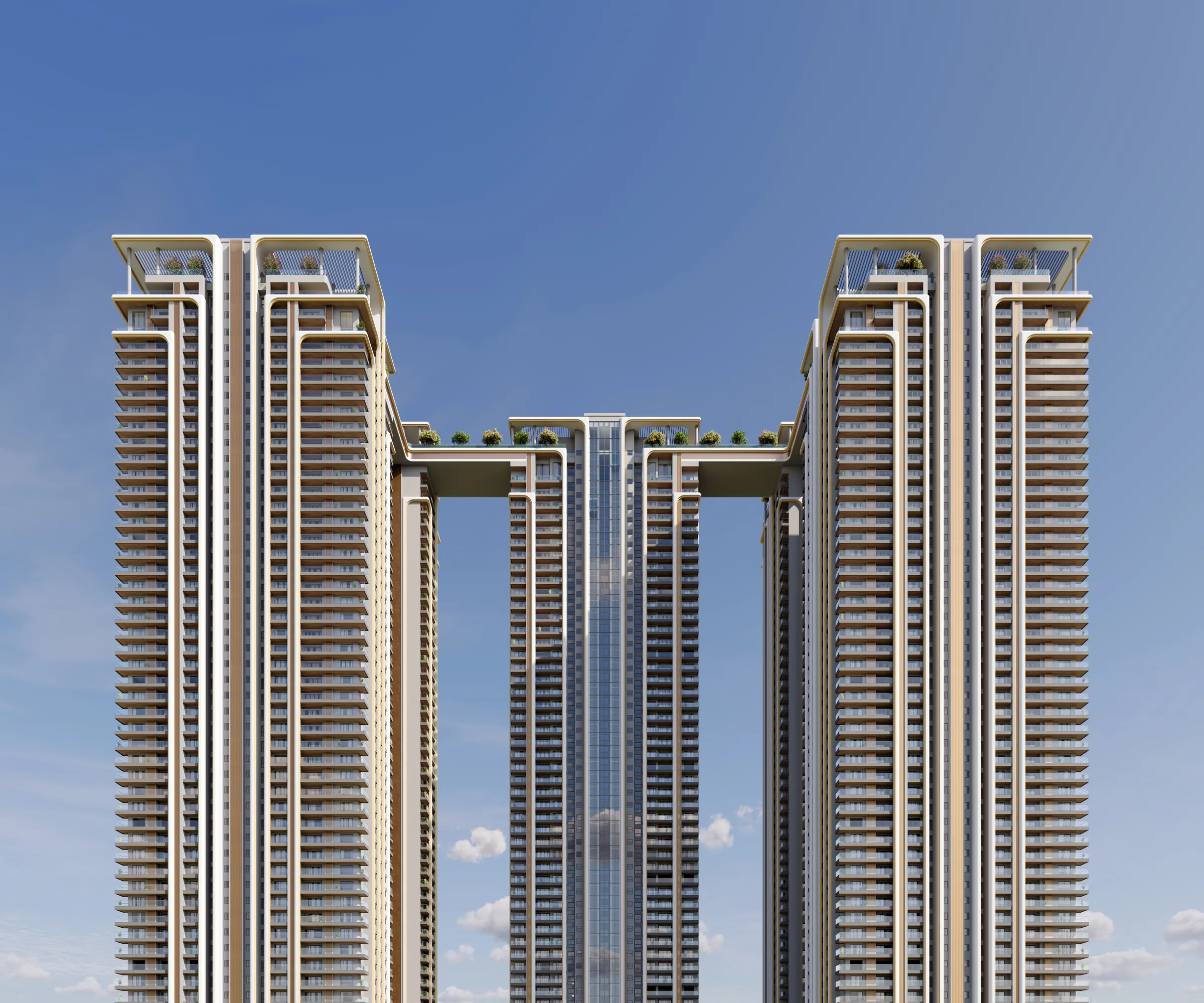 Two towers of The Cascades joined by their sky bridges, against a clear sky — artist&rsquo;s impression